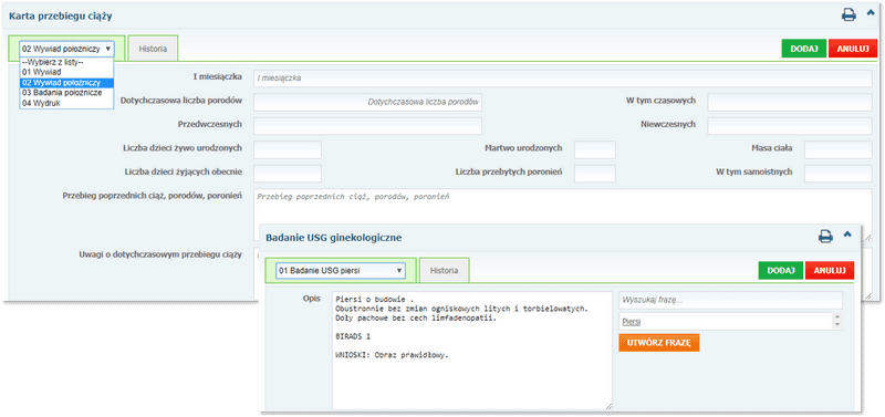 Sekcje: Karta przebiegu ciąży oraz Badanie USG ginekologiczne