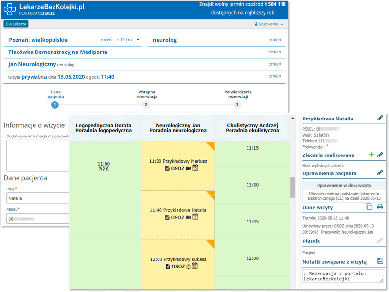 Widok kalendarza i przykładowe wizyty zarezerwowane przez pacjentów on-line 