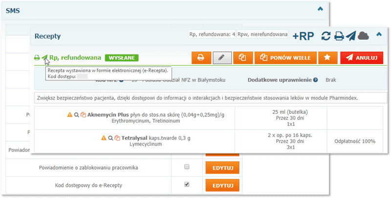 Powiadomienia SMS z kodami e-Recept oraz podgląd kodu dostępu do e-Recepty w wizycie