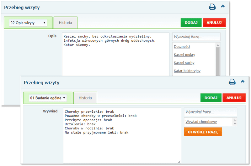 Sekcja: Przebieg wizyty i formularze Opis wizyty oraz Badania ogólne