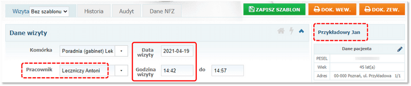 Data, godzina wizyty i nazwisko lekarza oraz imię i nazwisko pacjenta