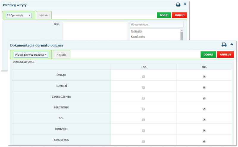 Sekcje: Przebieg wizyty i Dokumentacja dermatologiczna