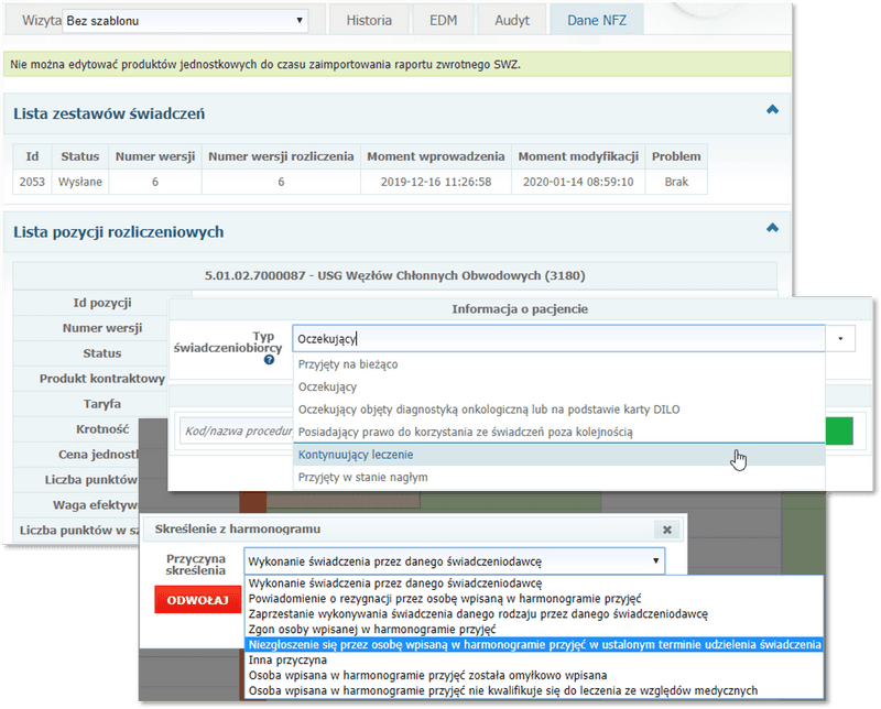 Zakładka Dane NFZ w wizycie oraz wybór typu świadczeniobiorcy i przyczyny skreślenia z kolejki oczekujących