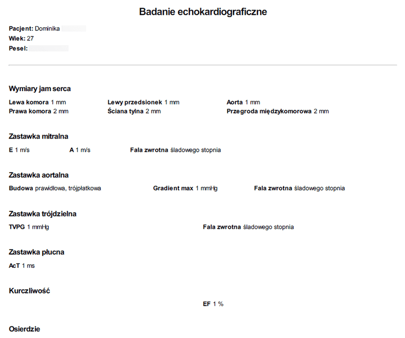 Przykładowy wydruk badania echokardiograficznego