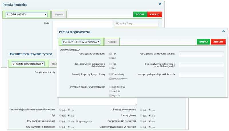 Sekcje: Porada kontrolna, Porada diagnostyczna oraz Dokumentacja psychiatryczna