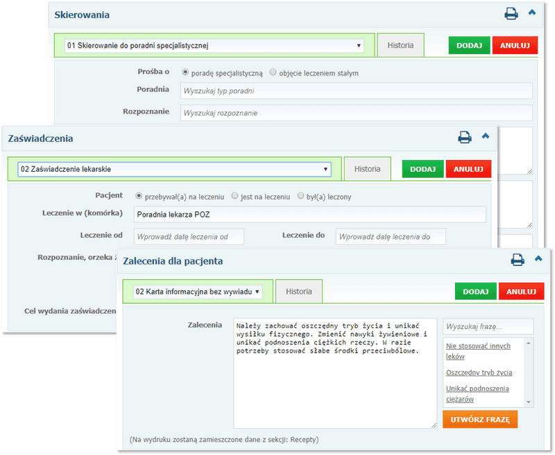 Sekcje: Skierowania, Zaświadczenia oraz Zalecenia dla pacjenta
