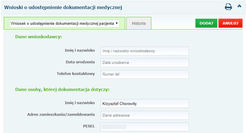 Wniosek o udostępnienie dokumentacji medycznej pacjenta