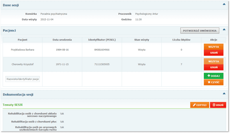Sekcje: Dane sesji, pacjenci oraz Dokumentacja sesji