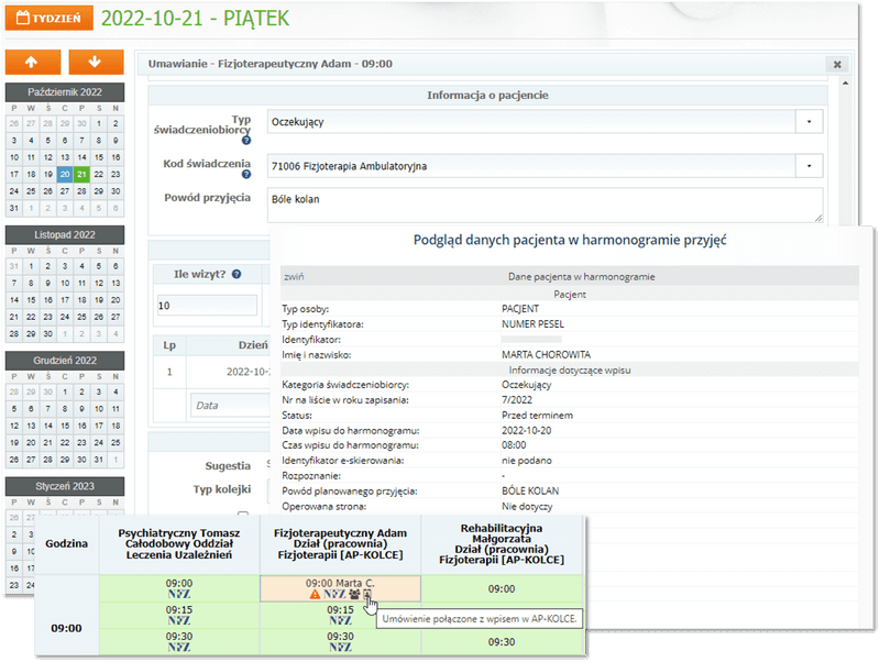 Zsynchronizowana wizyta w kalendarzu i automatycznie dodany wpis pacjenta w harmonogramie przyjęć w AP-KOLCE