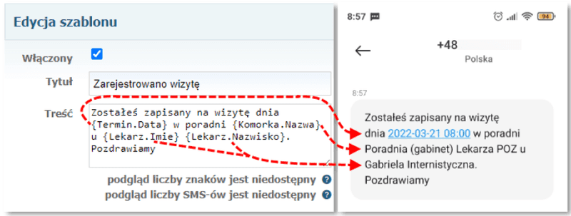 powiadomienia przykladowy szablon sms