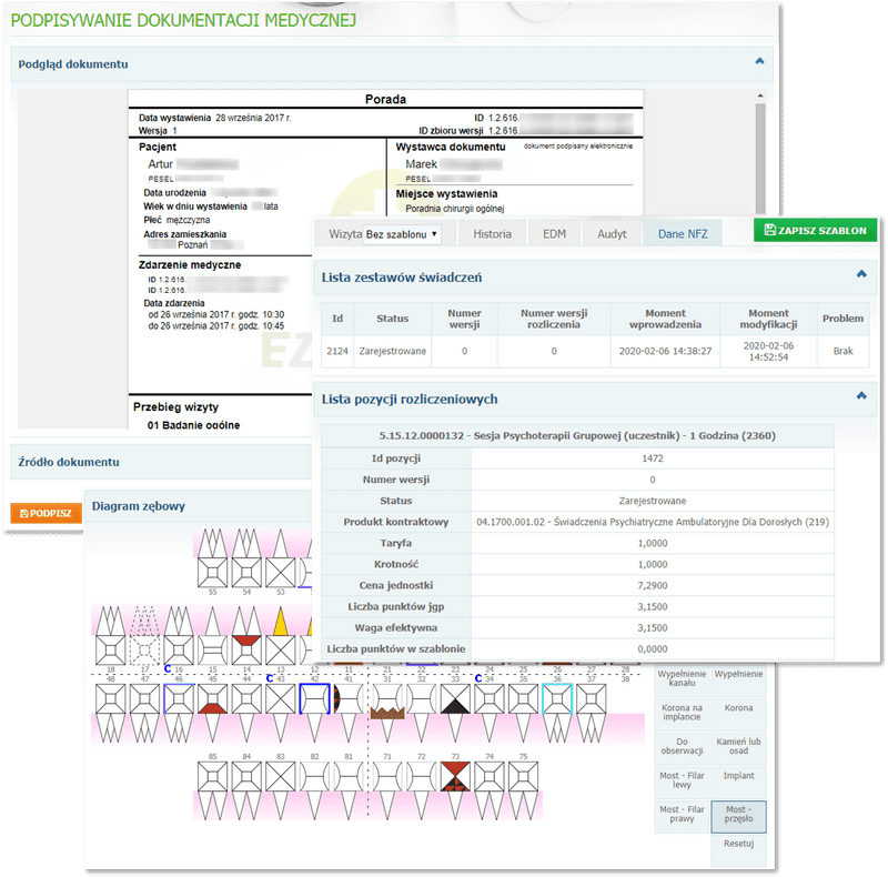 Podpis kwalifikowany, dane NFZ oraz diagram zębowy