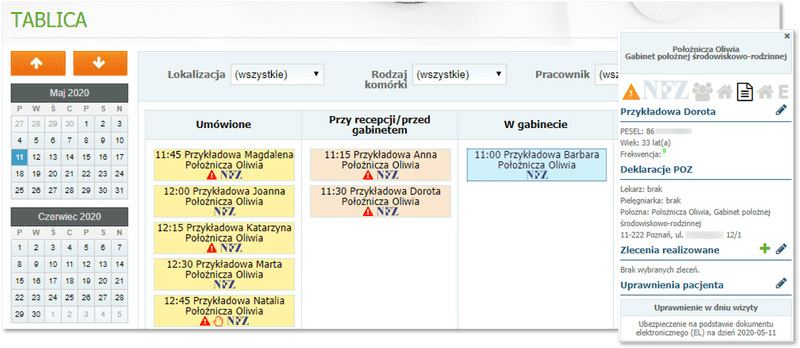 Podgląd wizyt w widoku tablicy