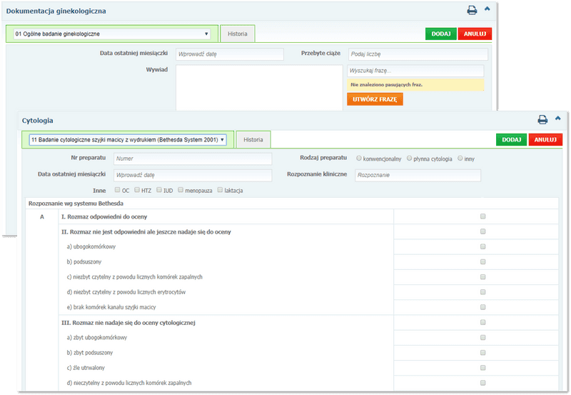 Sekcje: Dokumentacja ginekologiczna oraz Cytologia