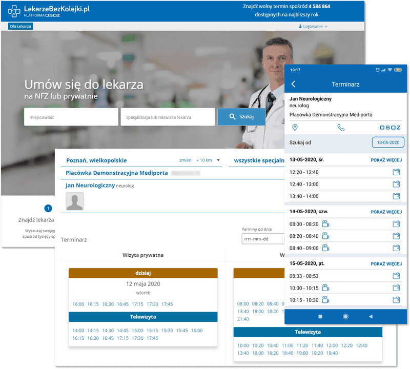 Przykładowe terminarze wizyt w serwisie LekarzeBezKolejki.pl oraz aplikacji mobilnej VisiMed