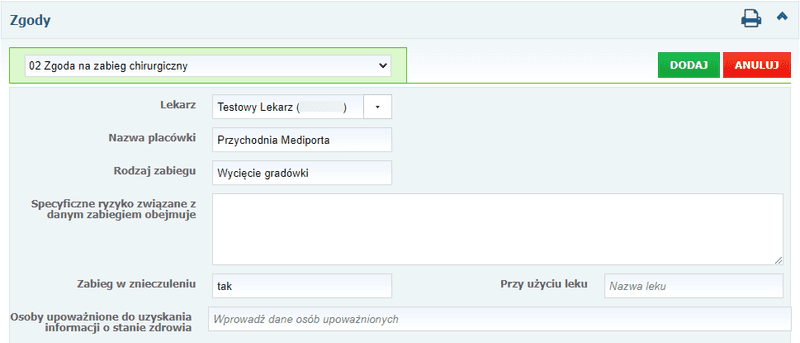 Zgoda na zabieg chirurgiczny – edycja formularza