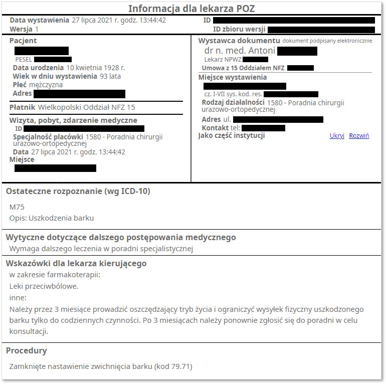 Przykładowy dokument EDM w standardzie HL7 CDA – informacja dla lekarza kierującego świadczeniobiorcę do poradni specjalistycznej