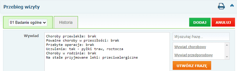 Gotowy opis wywiadu na podstawie frazy, uzupełniony o informacje dot. uczulenia i przyjmowanych leków