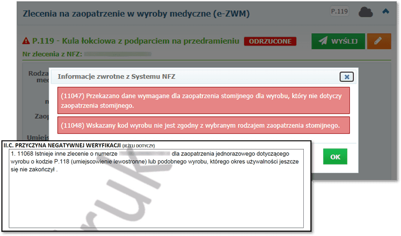 Sprawdzanie przyczyn negatywnej weryfikacji zlecenia przekazanych przez NFZ