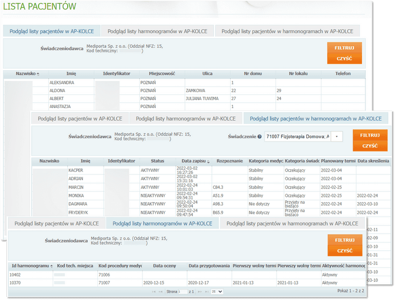 Podgląd danych o pacjentach i harmonogramach przyjęć zgromadzonych w AP-KOLCE z poziomu systemu Mediporta
