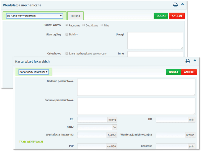 Sekcje: Wentylacja mechaniczna oraz Karta wizyt lekarskich