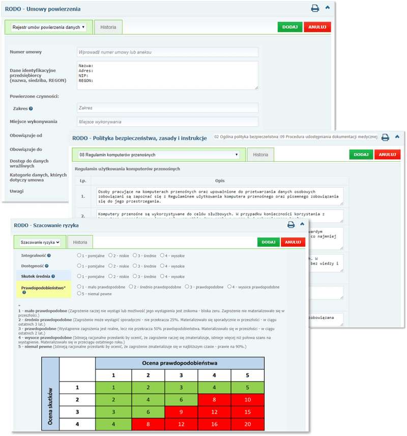 Przykładowe formularze dostępne w module dokumentacji RODO