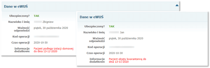 Informacja o kwarantannie oraz izolacji domowej z systemu eWUŚ