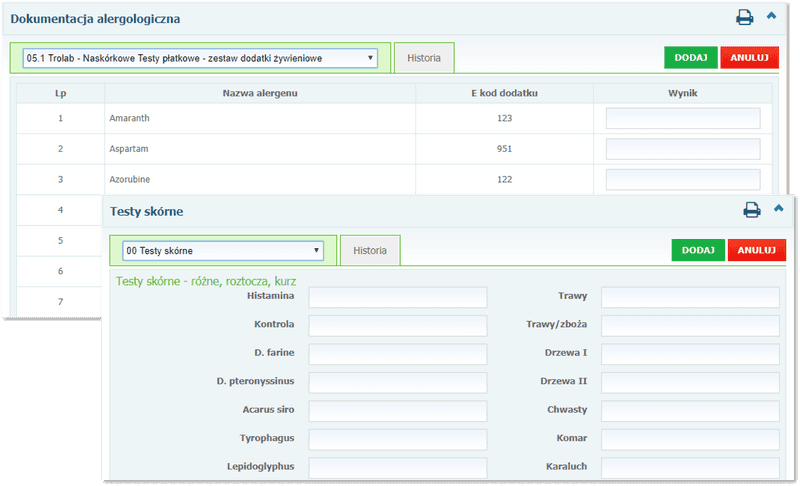 Sekcje: Dokumentacja alergologiczna i Testy skórne