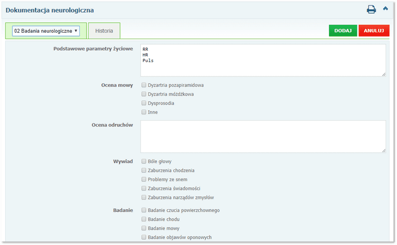 Sekcja: Dokumentacja neurologiczna