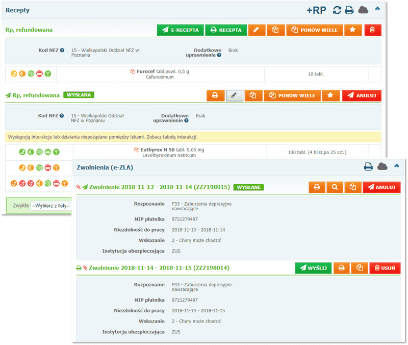 Sekcje: Recepty oraz Zwolnienia (e-ZLA)