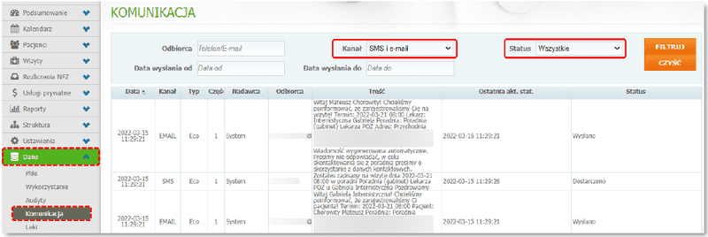 powiadomienia lista komunikacji