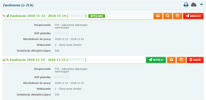 Przykładowe e-Zwolnienia (e-ZLA) w systemie Mediporta