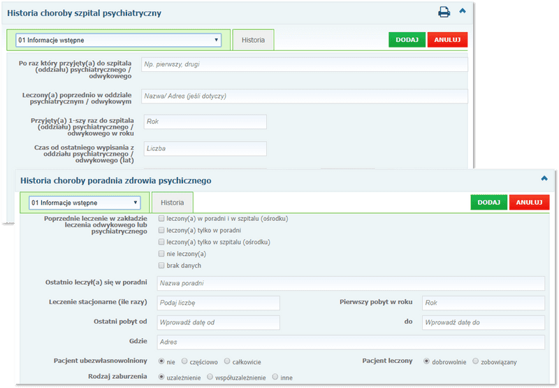 Sekcje: Historia choroby szpital psychiatryczny oraz Historia choroby poradnia zdrowia psychicznego