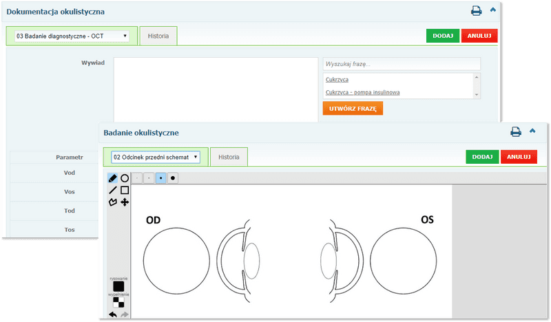 Sekcje: Dokumentacja okulistyczna oraz Badanie okulistyczne
