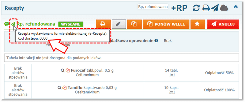 Podgląd przykładowego kodu dostępowego e-Recepty w systemie Mediporta